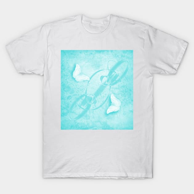 butterflies in abstract landscape in blue T-Shirt by hereswendy